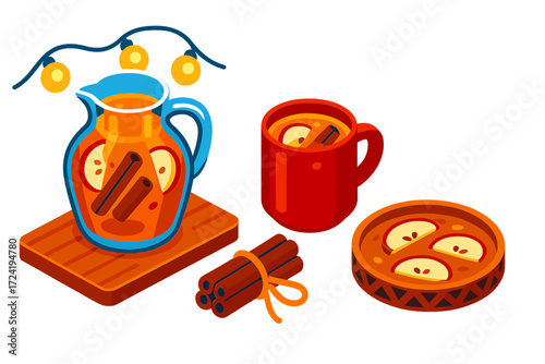 Festive Cider Display. Isometric vector illustration set Festive Cider Arrangement: large jug on holiday table, glowing string