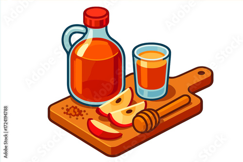 Sweet Cider Sampler. Isometric vector illustration set Sweet Cider Sampler: clear jug with amber cider, mini tasting glass,