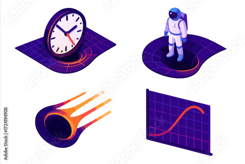 Black Hole Time Dilation. Isometric vector illustration set Time Dilation Near Black Hole: clock distortion curve, astronaut near