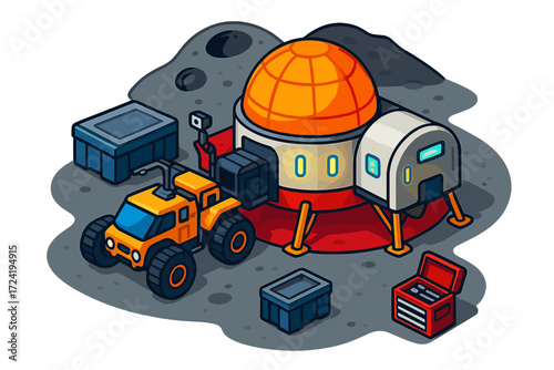 Moonbase and Rover Scene. Isometric vector illustration set Moonbase and Rover Combo: rover docked at lunar module, dust shield