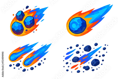 Comet Fragment Explosion. Isometric vector illustration set Comet Fragment Visualization: splitting nucleus into pieces, glowing