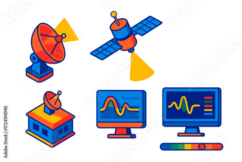 Satellite Signal Exchange. Isometric vector illustration set Probe to Ground Contact: ground antenna dish tilted skyward, signal