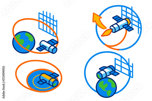 Spacecraft Orbital Maneuver. Isometric vector illustration set Apogee Maneuver Sequence: spacecraft at highest orbital point,