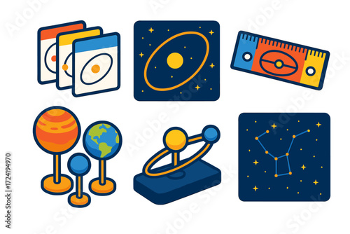 Planet Orbit Diagrams. Isometric vector illustration set Educational Orbit Kit: simplified orbit cards, elliptical path diagrams,