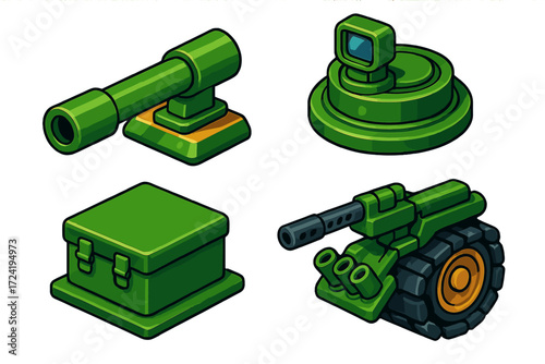 Tank Close-Up Details. Isometric vector illustration set Tank Close-Up Details: view of cannon mount, hatch with periscope, turret