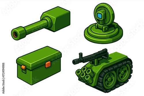 Tank Close-Up Details. Isometric vector illustration set Tank Close-Up Details: view of cannon mount, hatch with periscope, turret