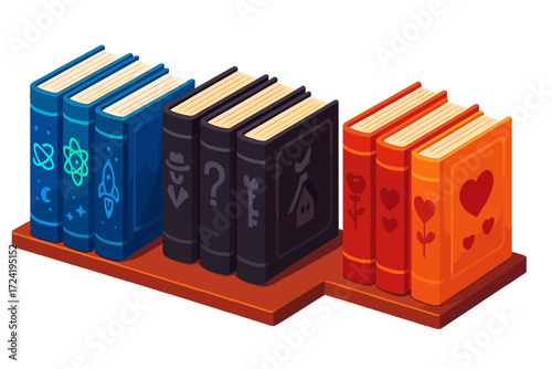 Isometric Genre Bookshelf. Isometric vector illustration set Fiction Genre Shelf: sci-fi covers with glowing spine patterns,