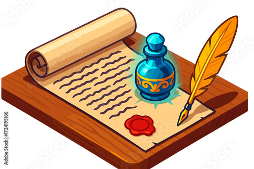 Historical Writing Icon. Isometric vector illustration set Historical Writing Scene: partially unrolled scroll with old-style