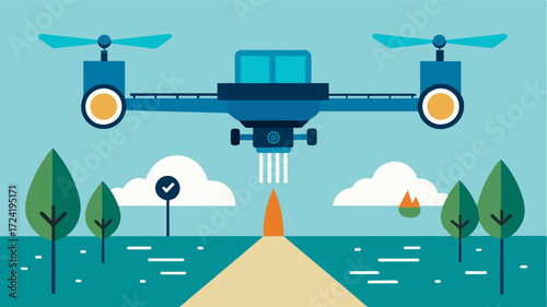 A drone equipped with infrared cameras identifying areas of excessive water usage on a farm and adjusting irrigation schedules accordingly maximizing water conservation efforts.. Vector illustration