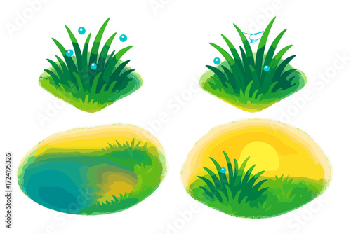 Dewy Dawn Landscape. Isometric vector illustration set Dawn Landscape Detail: individual grass patches with tiny droplets, edge of