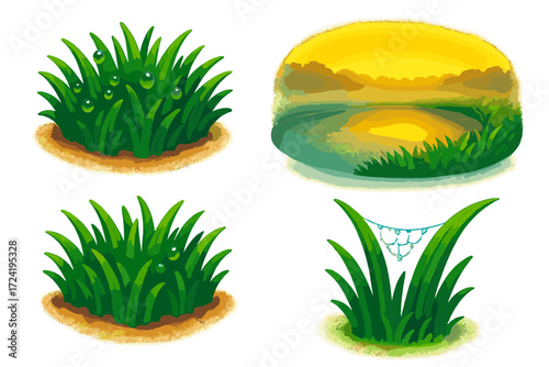 Dewy Dawn Landscape. Isometric vector illustration set Dawn Landscape Detail: individual grass patches with tiny droplets, edge of