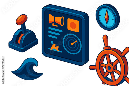 Foghorn Control Interface. Isometric vector illustration set Foghorn Control Interface: digital screen with foghorn activation