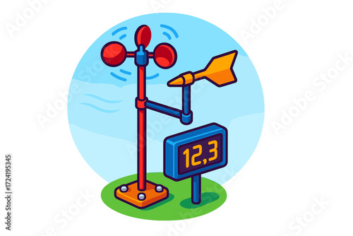 Weather Station Illustration. Isometric vector illustration set Wind Speed Measurement Station: anemometer atop weather pole