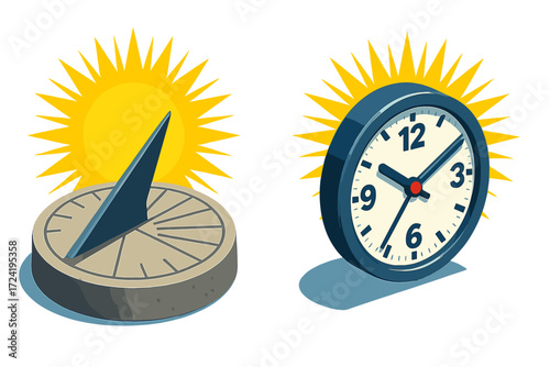 Sundial Clock Evolution. Isometric vector illustration set Sundial vs Clock Timeline: side-by-side comparison of ancient sundial