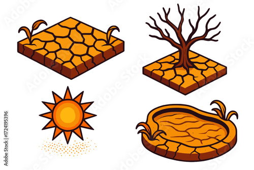 Drought Landscape Icons. Isometric vector illustration set Drought Landscape Icons: parched soil with deep cracks, withered tree