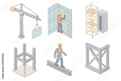 Glass Skyscraper Construction. Isometric vector illustration set Construction of Glass Skyscraper: crane lifting glass panel,