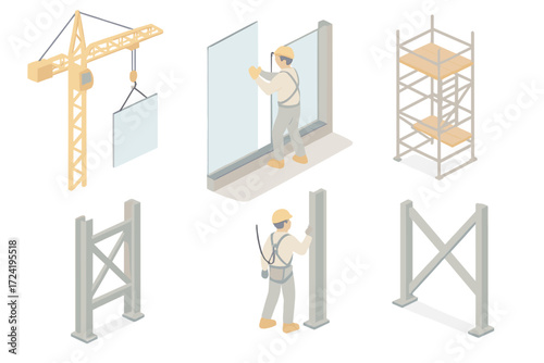 Glass Skyscraper Construction. Isometric vector illustration set Construction of Glass Skyscraper: crane lifting glass panel,