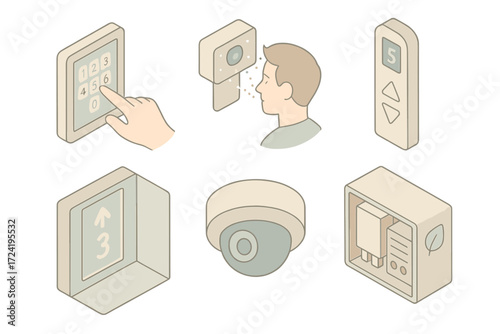 Smart Elevator Features. Isometric vector illustration set Smart Elevator Technology: touchscreen elevator interface, facial