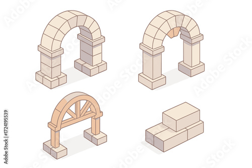 Architectural Arch Design. Isometric vector illustration set Arch Keystone Support Structure: semicircular stone arch, central