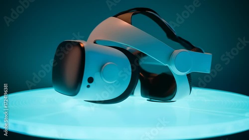 Virtual reality headset on a glowing platform, offering immersive digital experience and entertainment