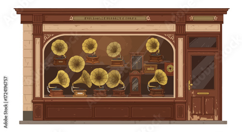 Vintage gramophone shopfront with antique phonographs in display window