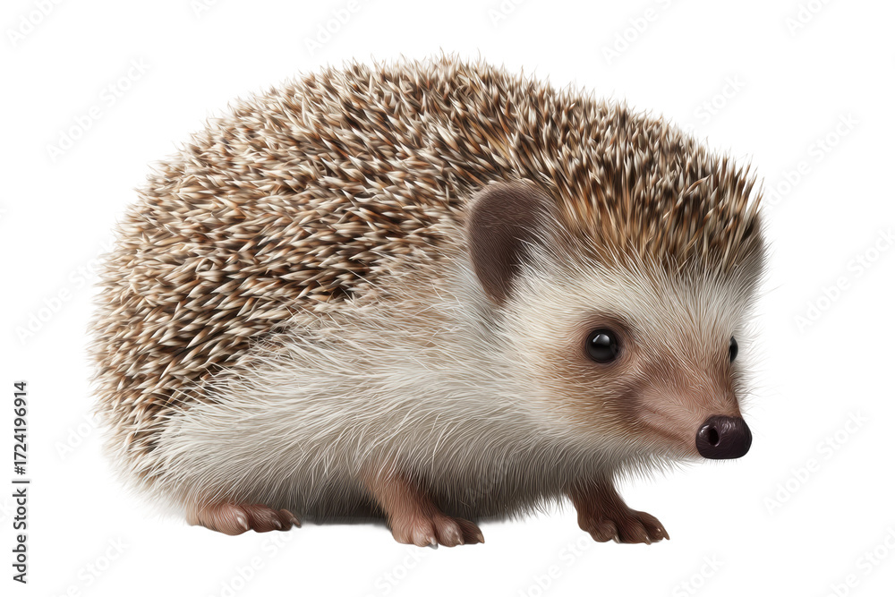 Obraz premium Cute hedgehog with spiky fur close-up on white background, cut out