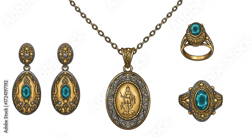 Elegant gold jewelry set with turquoise gemstones and intricate patterns
