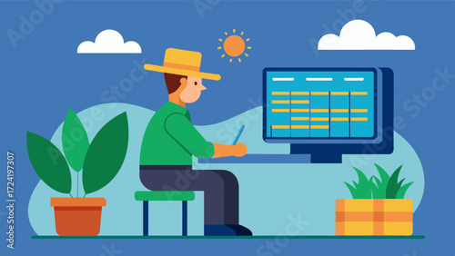 A busy farmer inputting data into a computer system to create a precise crop rotation schedule using AI technology.. Vector illustration