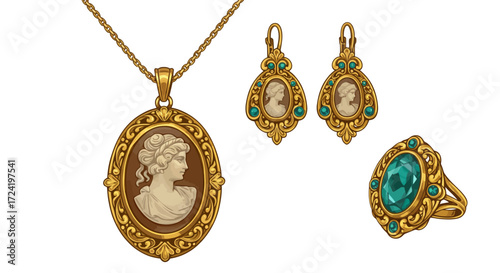 Elegant vintage cameo jewelry set with gold and turquoise accents