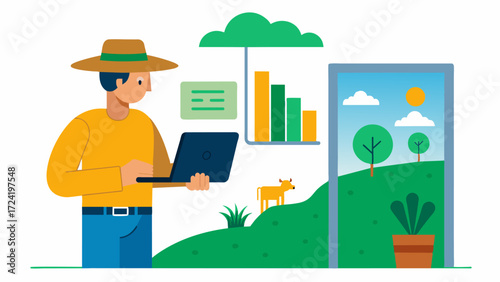 A farmer inputs data on factors such as soil type and pasture size into a modeling software which generates predictive data on future pasture growth and animal carrying capacity.. Vector illustration