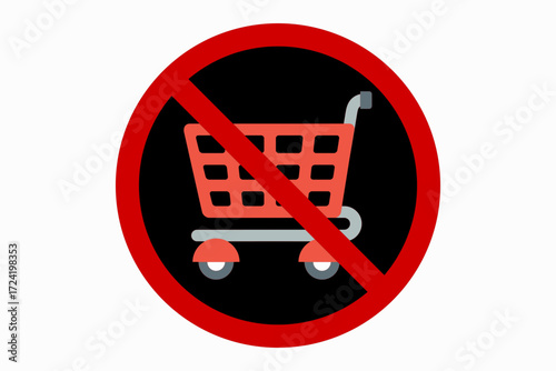 Vector illustration of prohibition sign with shopping cart symbol, red circle and diagonal line indicating no carts, no trolleys, or no shopping allowed in restricted areas.