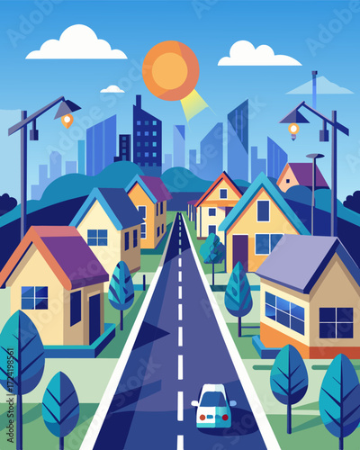 A suburban street lined with smart homes that rely on solar energy to power their elaborate security and surveillance systems.. Vector illustration