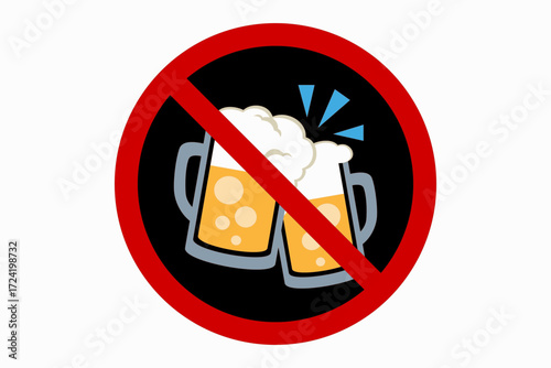 Vector illustration of prohibition sign with clinking beer mugs, red circle and diagonal line indicating no alcohol, drinking restriction and safety regulation.	