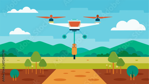A drone equipped with soil health sensors flying over a field collecting data to create a detailed soil map for that specific area.. Vector illustration