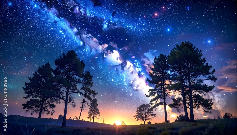 Naklejka premium Majestic night sky over a field of trees