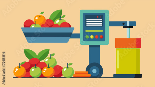 A closeup of a handheld scanner used by farmers to identify and sort fruits connected to the main automated fruit sorting system.. Vector illustration