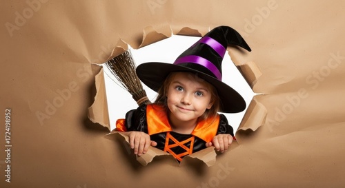 A girl dressed as a witch peers through a torn brown paper backdrop