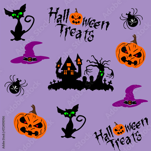 A seamless vector Halloween pattern on a light purple background. This pattern is perfect for backgrounds, wrapping paper, textiles, and other holiday-themed designs.