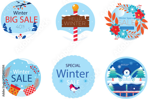 Grab attention with these festive winter sale designs featuring snowmen, gifts, and seasonal greetings for your holiday promotions and advertising needs