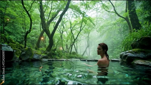 Enjoy the serene beauty of a natural hot spring nestled in a lush green forest. A woman unwinds by the water while a gentle mist rises in the peaceful environment.