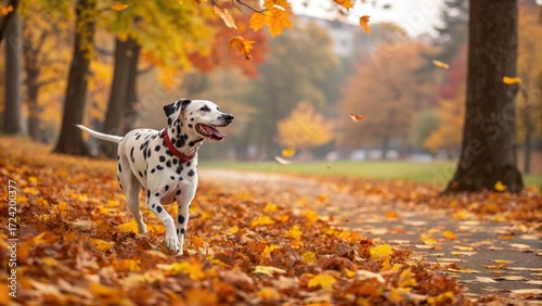 Dalmatian dog playing in Autumn: A playful Dalmatian dog frolics through a park blanketed in golden autumn leaves, their spots adding to the vibrant scene under a canopy of trees.
