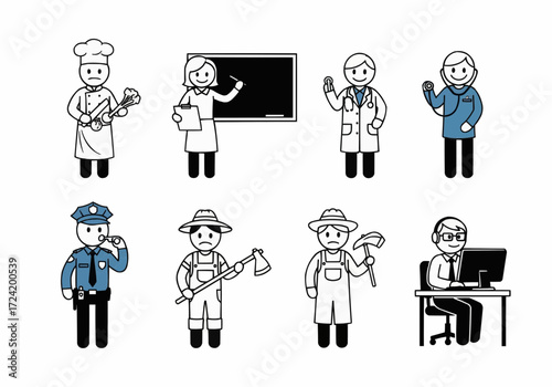 Illustration depicting various professions, including a chef, teacher, doctor, police officer, and farmers.