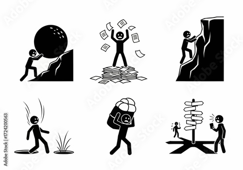 A set of six black and white pictograms representing human life situations, challenges, and states of mind.
