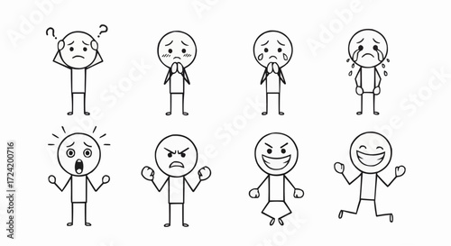 Line drawing of stick figures depicting various emotional states, from confusion to joy.