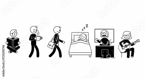 A sequence of stick figures depicting various daily activities, including reading and playing guitar.