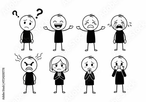 Cartoon stick figures illustrating a range of human emotions and feelings such as happiness, sadness, anger, and confusion.