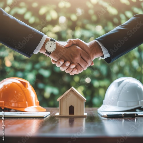 Agreement in Architecture: Two business people shake hands, forging a new partnership amidst construction materials and an inviting home model. Evoking trust and a shared future vision.