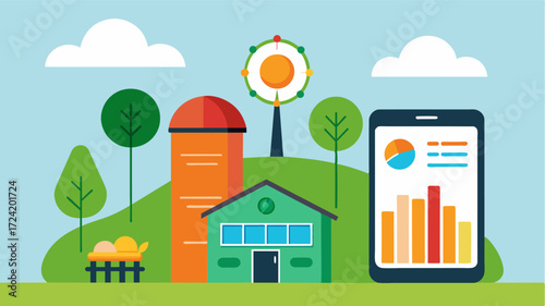 A mobile app that tracks and predicts energy usage on the farm providing insights and recommendations for more efficient usage and cost savings.. Vector illustration