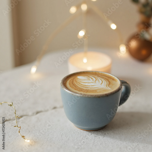 Coffee Latte Art in Flat white Mug with Candle and Fairy Lights