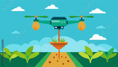 A drone equipped with a robotic seed planter flying over a field depositing seeds with pinpoint accuracy from above.. Vector illustration